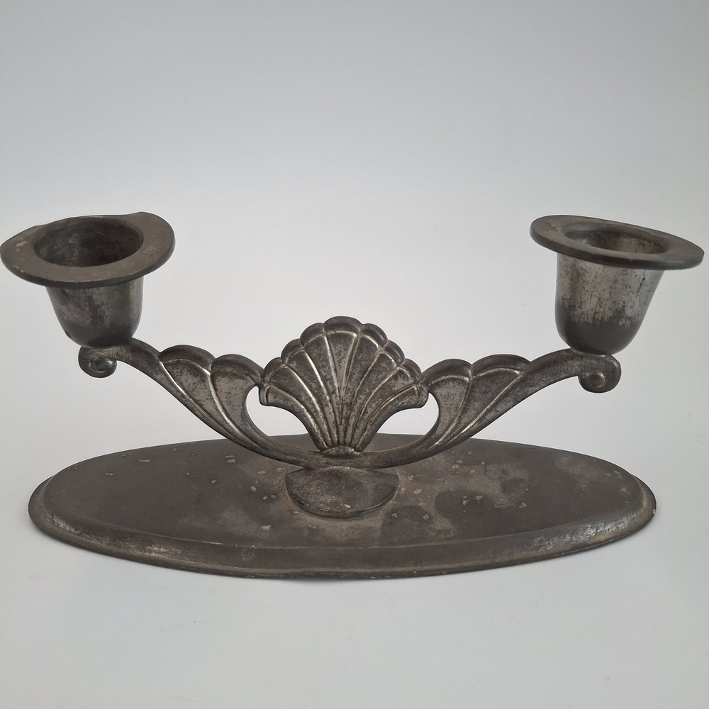 Vintage‎ Carr Craft Solid Pewter Shell Candelabra Double Candle Holder Art Deco